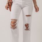 Bright White Heavy Distressed Straight Leg Jeans