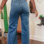 Sail Blue High Waist Button Fly Seamed Raw Hem Flare Jeans