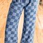 Dusk Blue Checkered Denim Wide Leg Jeans