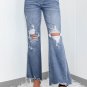 Dusk Blue High Rise Ripped Distressed Hem Flared Jeans