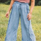 Myosotis Light Wash Raw Hem Ruffled Wide Leg Jeans