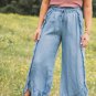 Myosotis Light Wash Raw Hem Ruffled Wide Leg Jeans