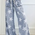 Light Blue Star Print Light Wash Drawstring High Waist Wide Leg Jeans