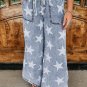 Light Blue Star Print Light Wash Drawstring High Waist Wide Leg Jeans