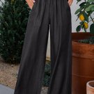 Black Side Pockets Frilled Smocked High Waist Wide Leg Jeans