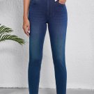 Blue Multiple Pockets Straight Leg Washed Stretchy Knit Casual Jeans