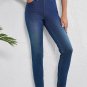 Blue Multiple Pockets Straight Leg Washed Stretchy Knit Casual Jeans