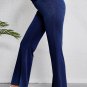 Dusk Blue Solid Crossed Waist High Elastic Fit Flare Knit Jeans