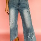 Stone Blue Star Patchwork Cropped Wide Leg High Waist Jeans
