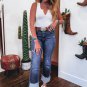 Real Teal Folded Cuffs Distressed Straight High Waist Jeans