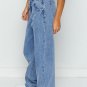 Blue Mid Rise Asymmetrical Waist Wide Leg Jeans