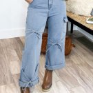 Beau Blue Bowknot Decor Boyfriend Cargo Jeans
