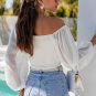 White Drawstring Front Sheer Puff Sleeve Crop Top