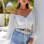 White Drawstring Front Sheer Puff Sleeve Crop Top