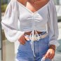 White Drawstring Front Sheer Puff Sleeve Crop Top