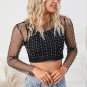 Black Pearl and Rhinestone Detail Sheer Mesh Top