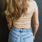 Beige Ribbed Knit U Neck Crop Top