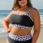 Black 2pcs Leopard Patchwork Plus Size High Waisted Swimsuit