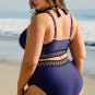 Navy Blue Embroidered Trim Wrap Tie Knot Plus Size High Waisted Bikini