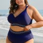 Navy Blue Embroidered Trim Wrap Tie Knot Plus Size High Waisted Bikini