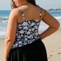 Black Plus Size Printed Square Neck Drawstring Ruffled Tankini Set