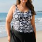 Black Plus Size Printed Square Neck Drawstring Ruffled Tankini Set