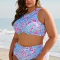 Sky Blue Plus Size Floral Print Twisted High Waist Bikini Set