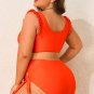 Orange Ruffled Trim Knotted High Waist Plus Size Bikini Set