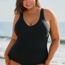 Black Solid Color U Neck Padded Plus Size One Piece Swimsuit