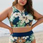 Green Floral Printed Zipped Plus Size Two Pieces Bikini