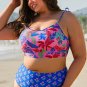 Blue Fashion Print Tied Straps Crop Vest and High Waist Plus Size Bikini