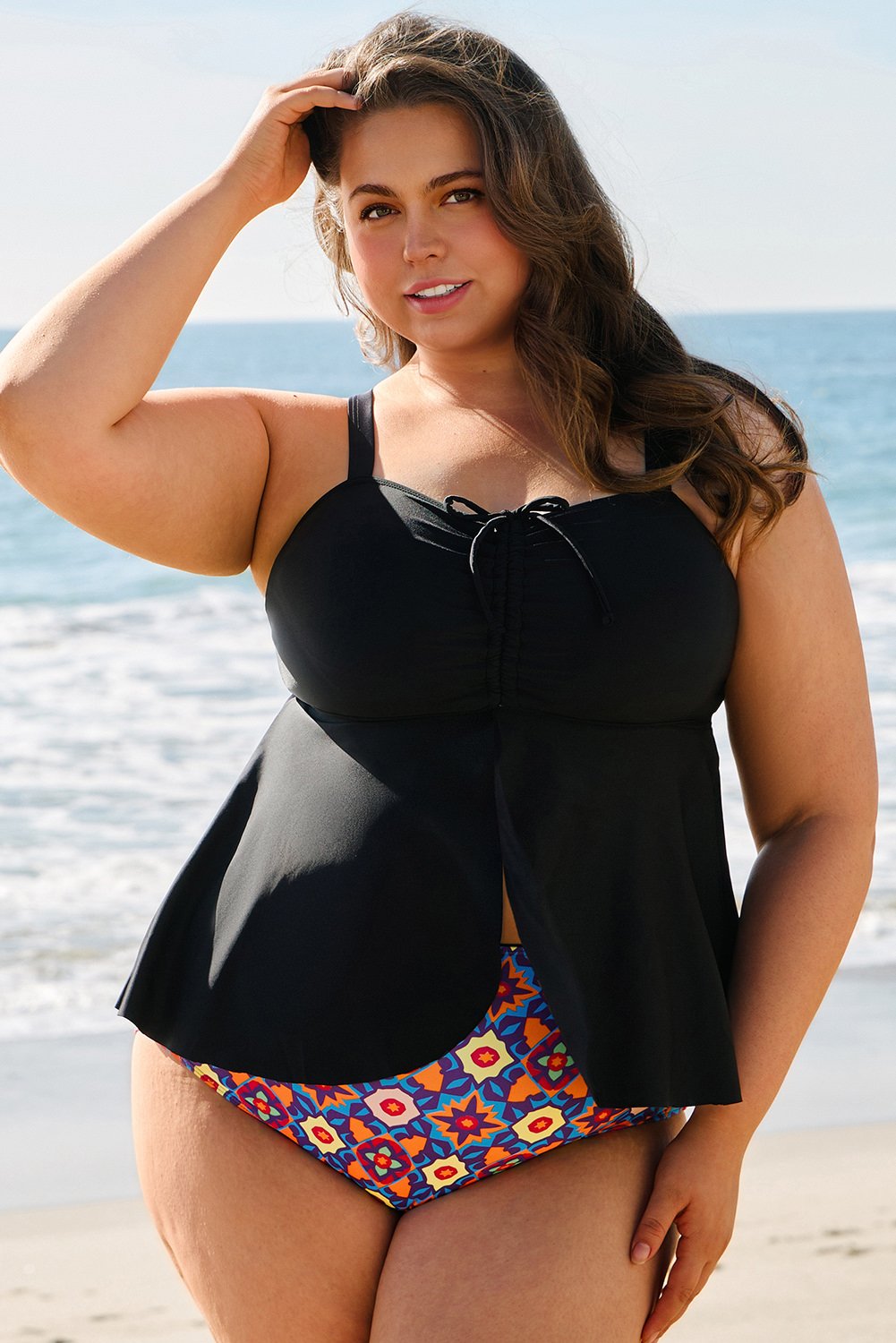 Black Drawstring Tied Front Flared Top Plus Size Tankinis