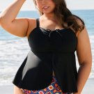 Black Drawstring Tied Front Flared Top Plus Size Tankinis
