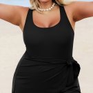 Black Solid Color Square Neck Knotted Plus Size One Piece Swimsuit