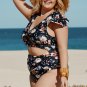 Blue Plus Size Flutter Cap Sleeve Floral High Waist Bikini