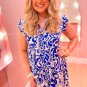 White Printed Plus Size V Neck Ruffle Sleeve Mini Dress
