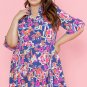 Blue Plus Size Floral Print Ruffled 3/4 Sleeve Mini Dress