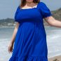 Dark Blue Shirred Ruffled Square Neck Plus Size Mini Dress