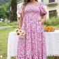 Pink Plus Size Floral Print Smocked Puff Sleeve Dress