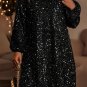 Color black Plus Size Bubble Sleeve V Neck Sequin Dress