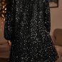Color black Plus Size Bubble Sleeve V Neck Sequin Dress