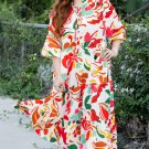 Orange Floral Print Drawstring V Neck Tiered Plus Size Dress