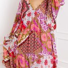 Mixed Floral Long Sleeve V Neck Lace Up Hollowed Back Plus Size Dress