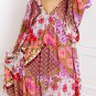 Mixed Floral Long Sleeve V Neck Lace Up Hollowed Back Plus Size Dress