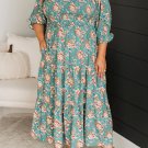 Green Plus Size Floral Print Square Neck Smocked Maxi Dress