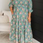 Green Plus Size Floral Print Square Neck Smocked Maxi Dress