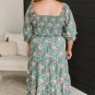 Green Plus Size Floral Print Square Neck Smocked Maxi Dress
