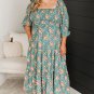 Green Plus Size Floral Print Square Neck Smocked Maxi Dress