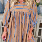 Khaki Stripe Contrast Striped Print 3/4 Sleeve Babydoll Plus Size Dress
