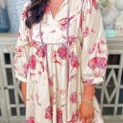 White Floral Print Lace up V Neck Balloon Sleeve Plus Size Shift Mini Dress